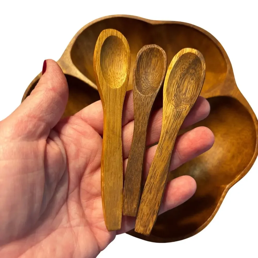 Carved wood 3-section snack serving tray bowl & matching mini wooden spoons set